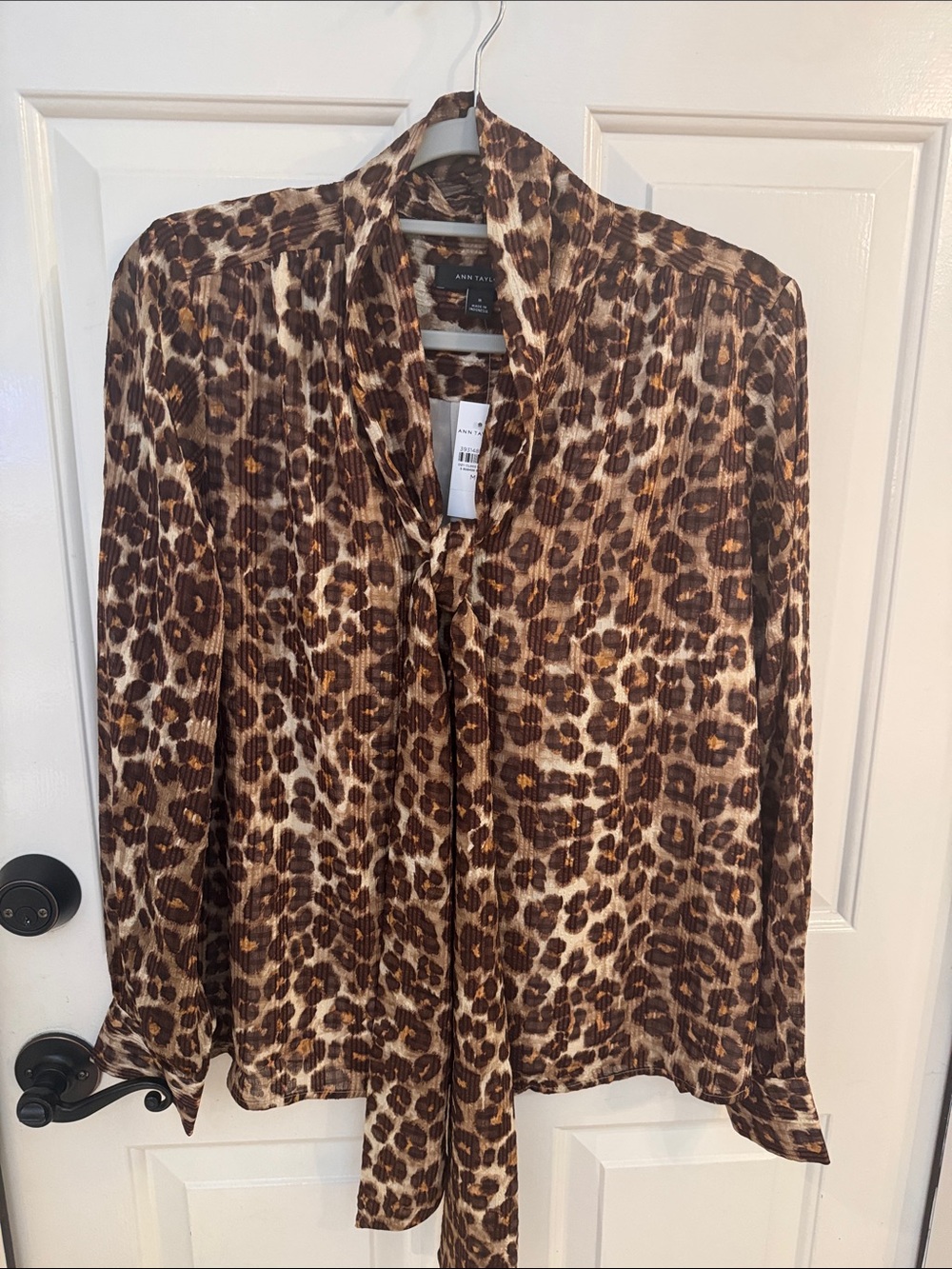 NWT Ann Taylor Leopard-Print Tie-Neck Blouse - Brown & Cream